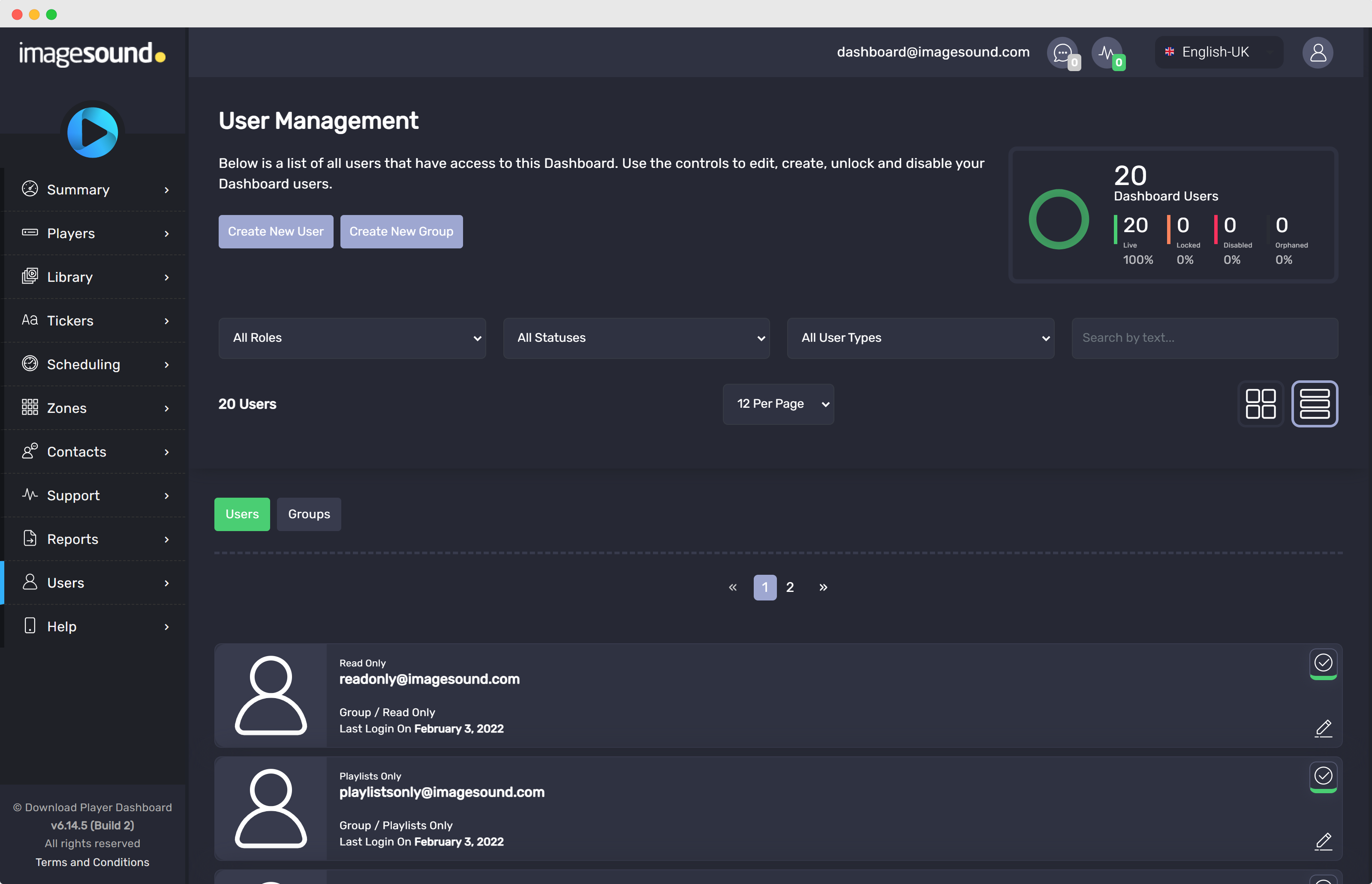 Dashboard User Management Page